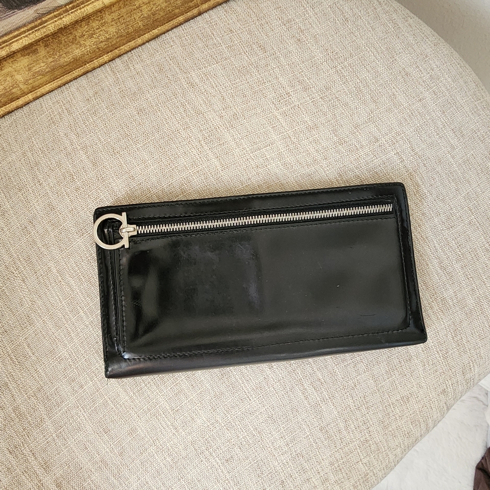 Salvatore Ferragamo Very Slick Black Patent Leather Wallet With Silver Hardware